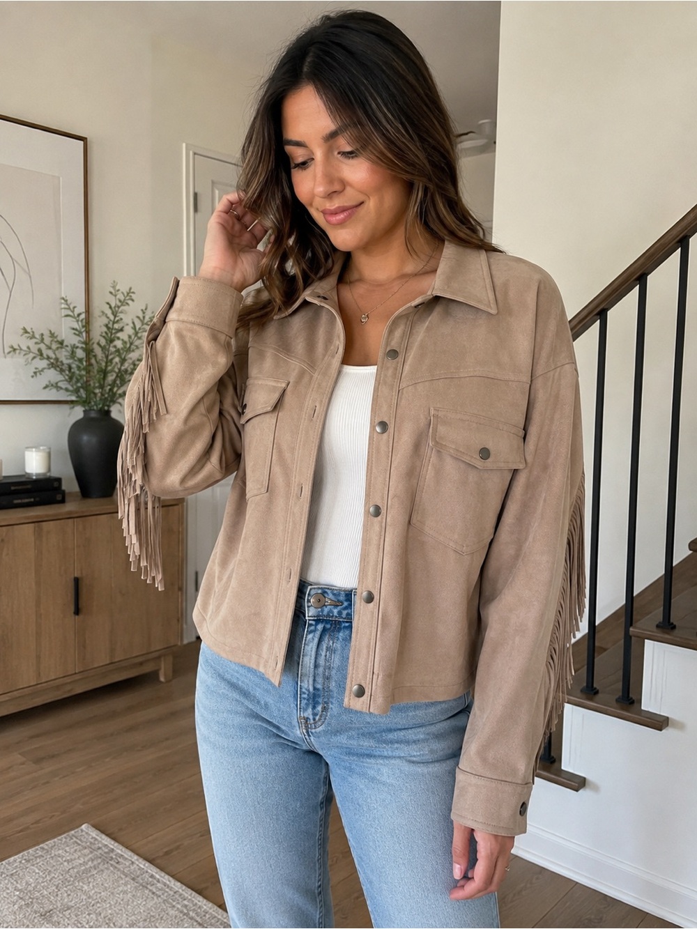 Le Lis Taupe Fringe Suede-Style Button Front Jacket